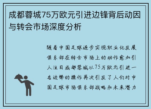 成都蓉城75万欧元引进边锋背后动因与转会市场深度分析