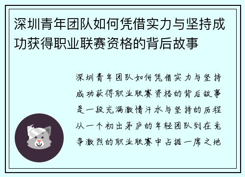 深圳青年团队如何凭借实力与坚持成功获得职业联赛资格的背后故事