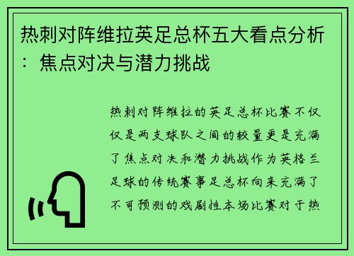 热刺对阵维拉英足总杯五大看点分析：焦点对决与潜力挑战