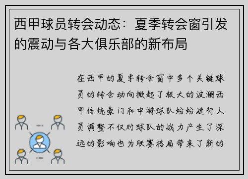 西甲球员转会动态:夏季转会窗引发的震动与各大俱乐部的新布局 西甲球员转会动态:夏季转会窗引发的震动与各大俱乐部的新布局