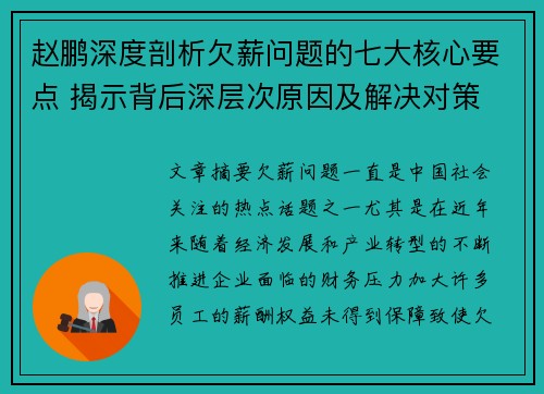 赵鹏深度剖析欠薪问题的七大核心要点 揭示背后深层次原因及解决对策